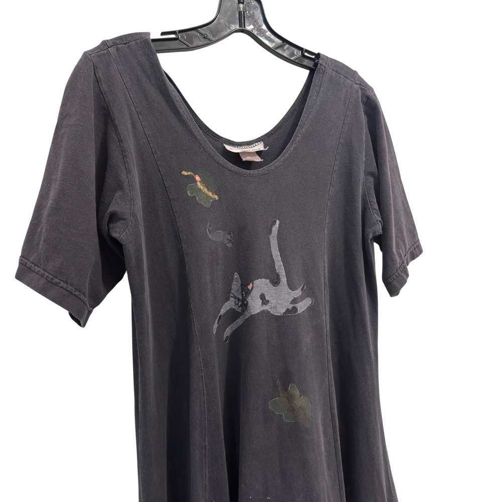 Vintage Hand Blocked Cotton Maxi Dress Charcoal Cat Art to Wear Boho Size L